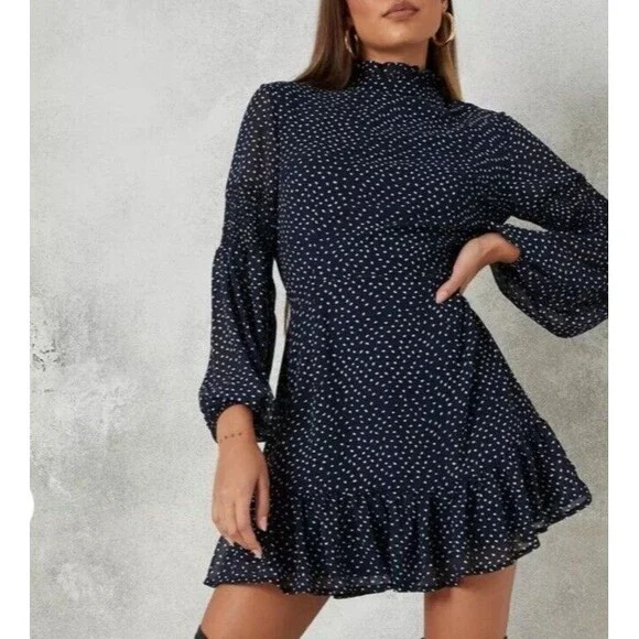 Missguided Dresses Missguided Navy Blue Polka Dot High Neck
